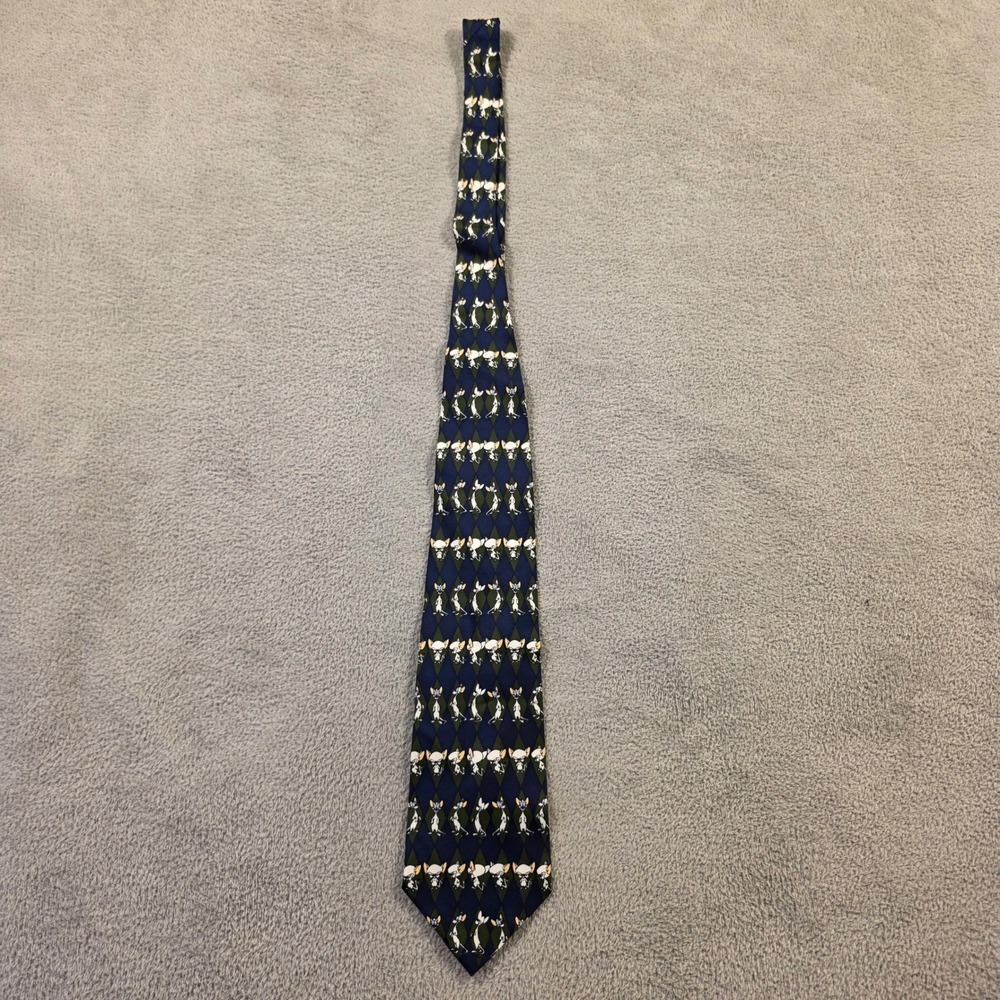 Warner Bros Pinky and the Brain Tie Mens Navy Green Argyle Vintage 90s Silk Tie - Picture 2 of 5